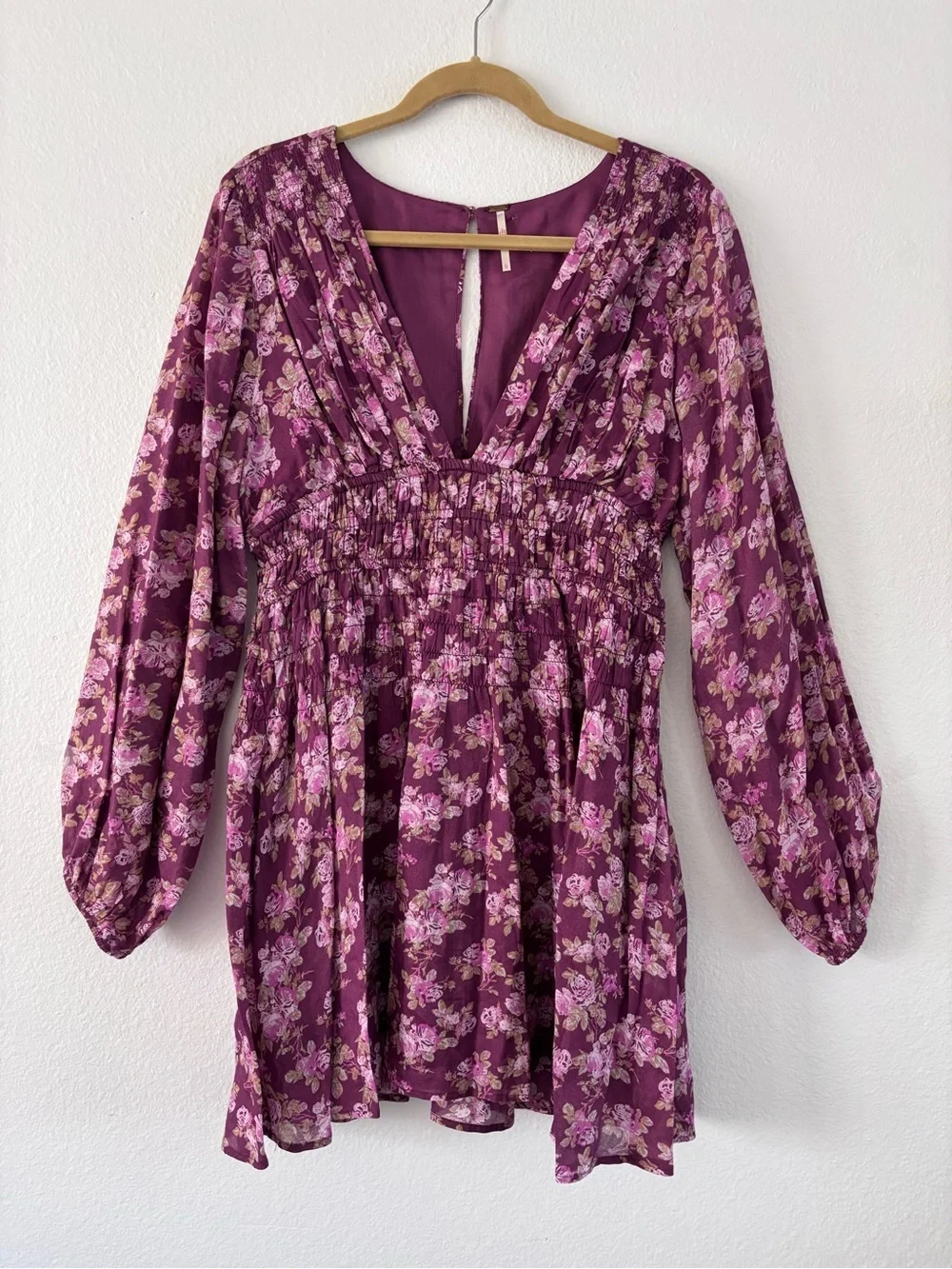 Free People Keep You Mini Dress Berry Combo Floral Boho V-Neck Large EUC